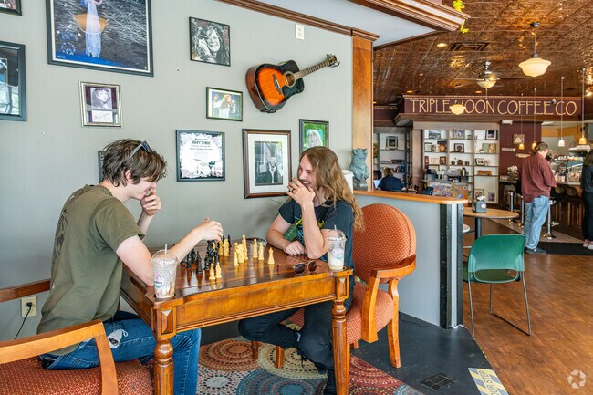 Residents often patronize Triple Moon Coffee for breakfast, lunch, coffee, and chess.