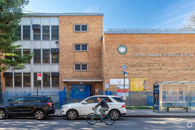 Entrance to PS 26 Jesse Owens is located along Malcolm X Blvd.