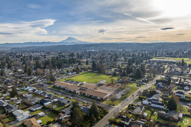 Aerial view of Karshner Elementary School with views of Mt. Ranier.