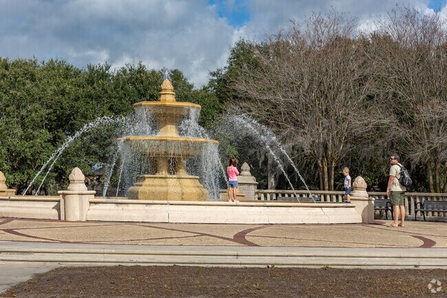 Parents can watch their kids play around the water fountain at Blue Jacket Park.