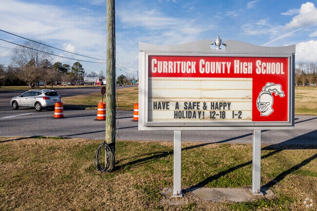 The Currituck County High School sign where students from Carova and Corolla attend.