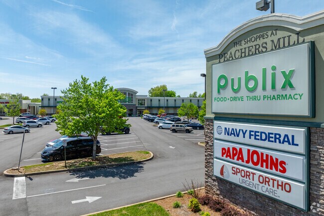 The Shoppes at Peachers Mill has a Publix for grocery shopping in Clarksville.