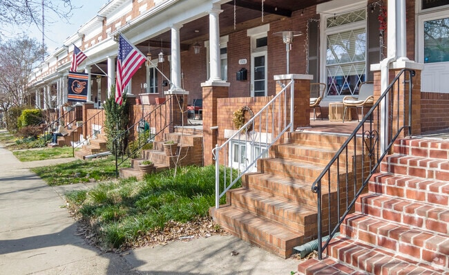 Row homes with small front porches are common in the Medfield neighborhood.