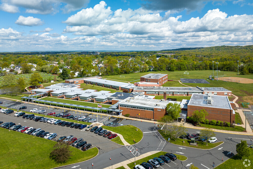 An aerial view of Van Derveer Elementary school on a bright Spring in Somerville, New Jersey