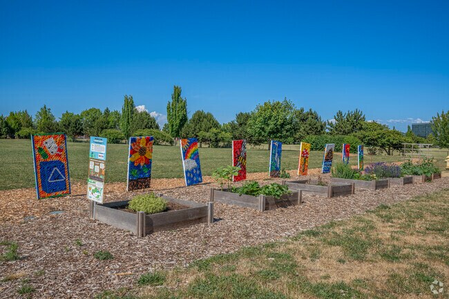 School garden and student made art at Quatama Elementary School in Hillsboro, Oregon.
