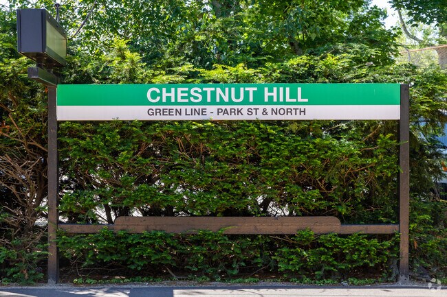 A brilliant green sign welcomes you to Chestnut Hill Station.