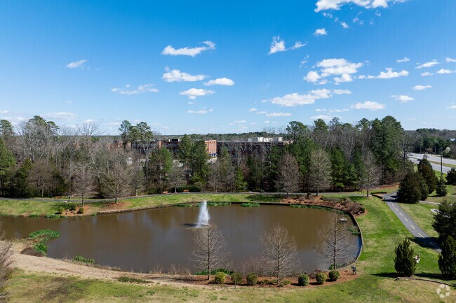 Walking trails and picnic shelters surround a central pond at Meadowmont Park.