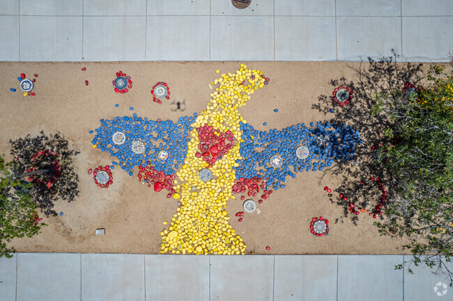 A colorful bird made of rocks, a delightful feature at Sunnyslope Elementary School in Phoenix.