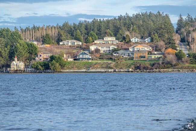 Rows of seaside homes near downtown Coupeville on Whidbey Island WA.