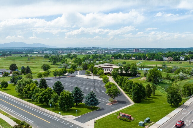 An aerial view of the parking and campus at Hyland Christian School in Westminster, Colorado.