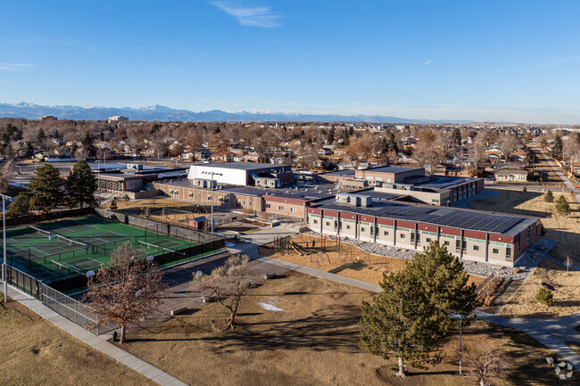 The rear tennis courts and playground at STEM Lab School in Northglenn, Colorado.
