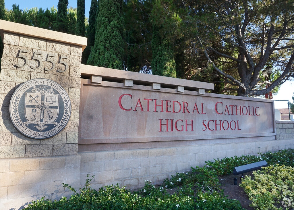 Cathedral Catholic High School sign welcomes students, staff, and parents in San Diego, CA.
