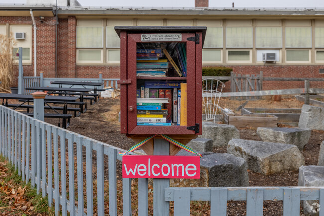 A free library offers books for students at Frederick C Murphy in Weymouth.
