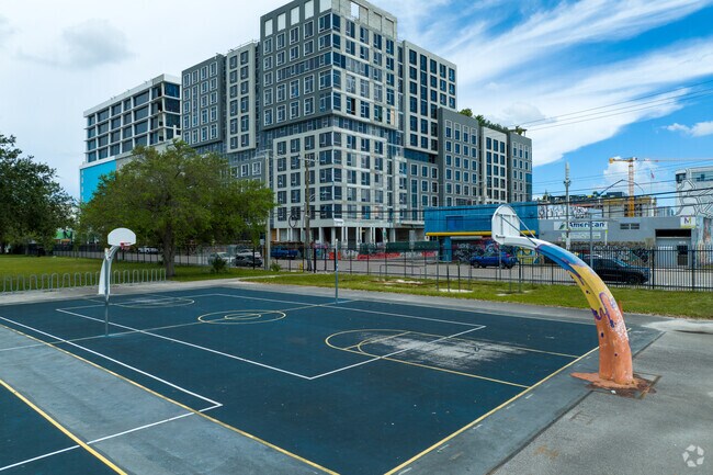 Students can shoot hoops on the basketball court at Eneida M. Hartner Elementary in Wynwood.