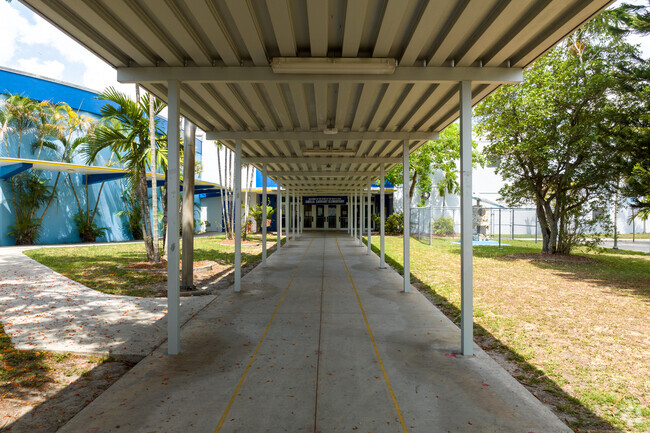 Amelia Earhart Elementary School has a covered entrance.