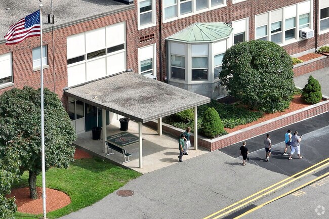 The main entrance to Thurston Middle School in Westwood, MA.