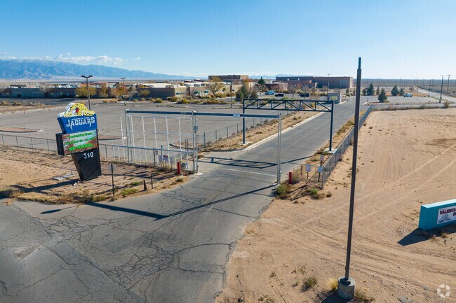 View of the Valencia High School entrance in Las Maravillas, NM.
