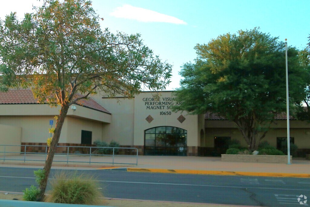 A wide shot of George Visual and Performing Arts Magnet and Middle School.