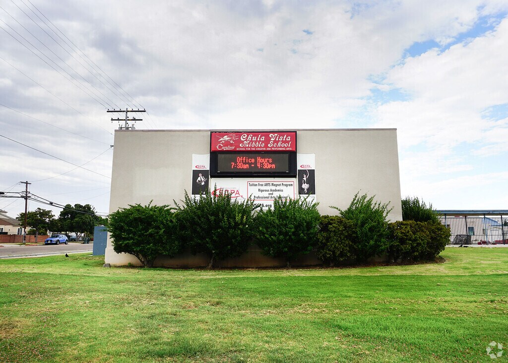 Chula Vista Middle School building is in Downtown Chula Vista, California with sign in front.