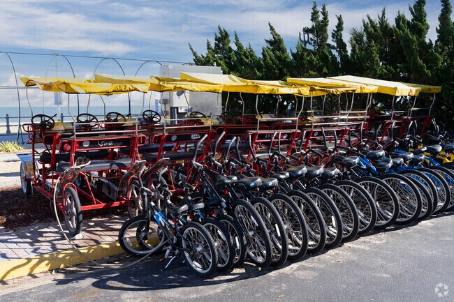 An assortment of bicycles can be seen on the boardwalk at the Oceanfront in Virginia Beach.