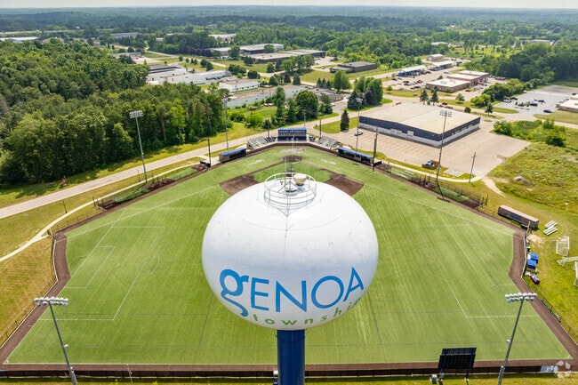 Genoa Township's water tower looks out over Cleary University and Grand River Ave.