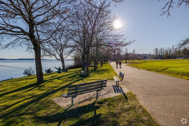 Magnuson Park features benches where visitors can lounge by the lake.