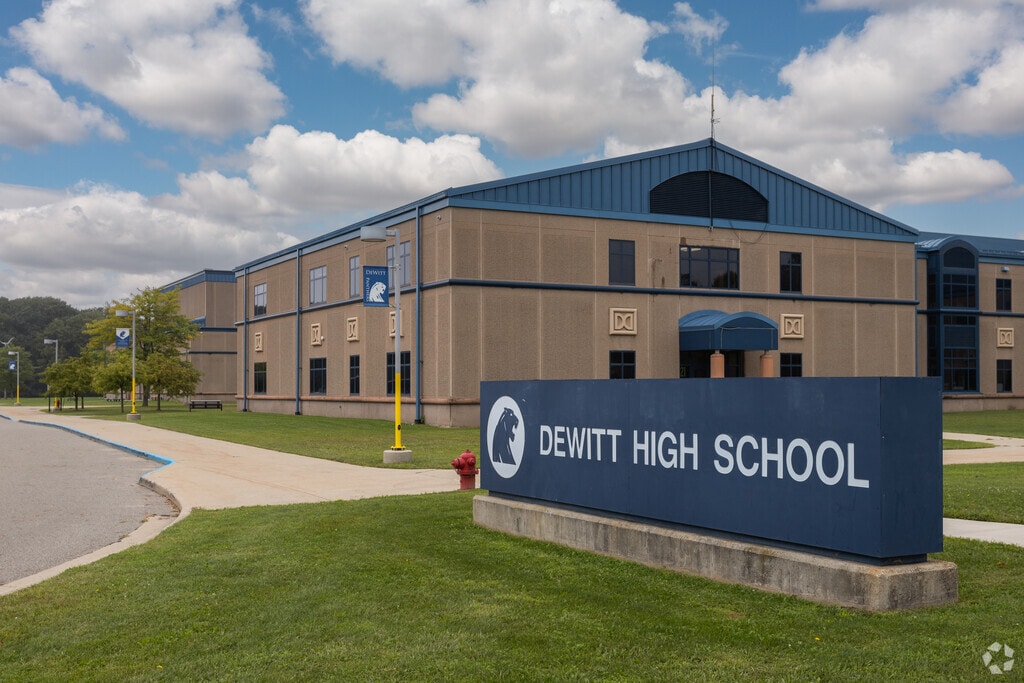 The main entrance to DeWitt High School on Panther Dr in Clinton County.