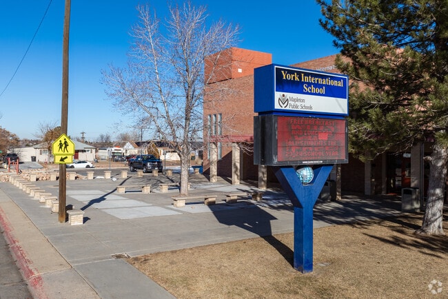 The school sign at York International School in Thornton, Colorado.