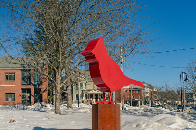 Sculpted out of powder-coated steel, the eight-foot-tall statue of a red cardinal is a public art installation off of Main Street at the University of New Hampshire.