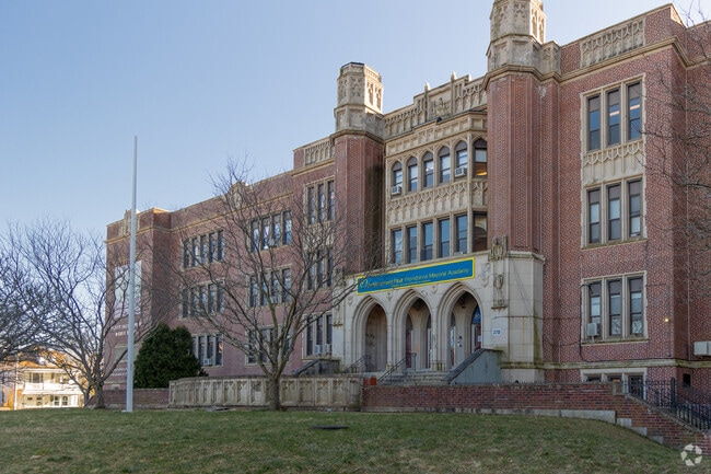Main entrance at Oliver Hazard Perry Middle School in Hartford, Providence, RI.