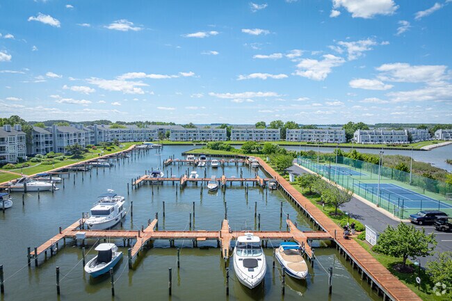 Waterfront condos in Kent Narrows sit alongside marinas and restaurants overlooking the Chesapeake Bay and the Chester River.
