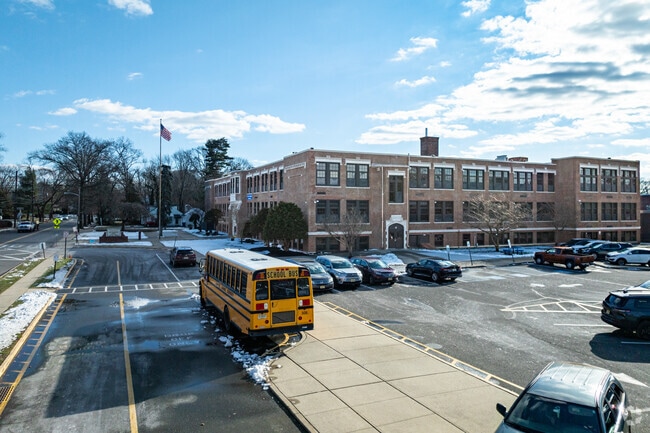 A school bus patiently waits outside of Scotch Plains' Park Middle School.
