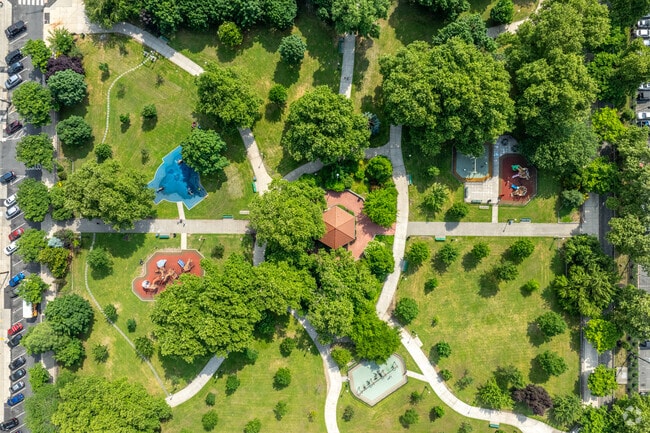 An aerial view of Lafayette Park highlights its network of walking paths and playground.