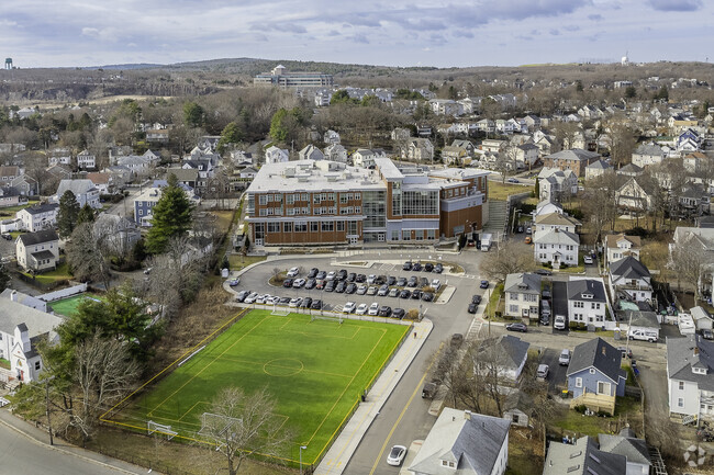 An aerial view of the large South West Middle School campus in Quincy, MA.
