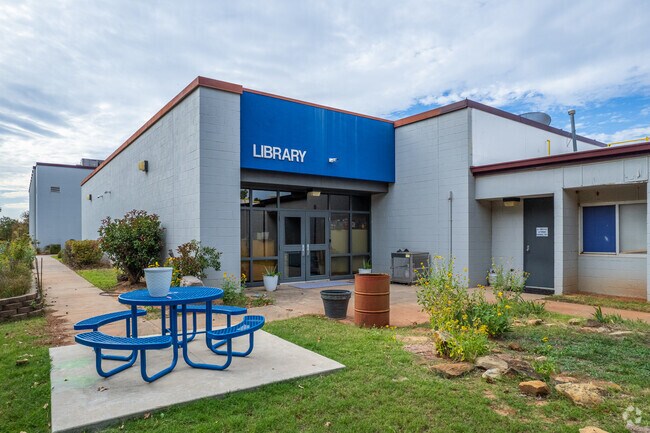Picnic tables for outdoor gatherings at Lakeview Elementary School in Norman.