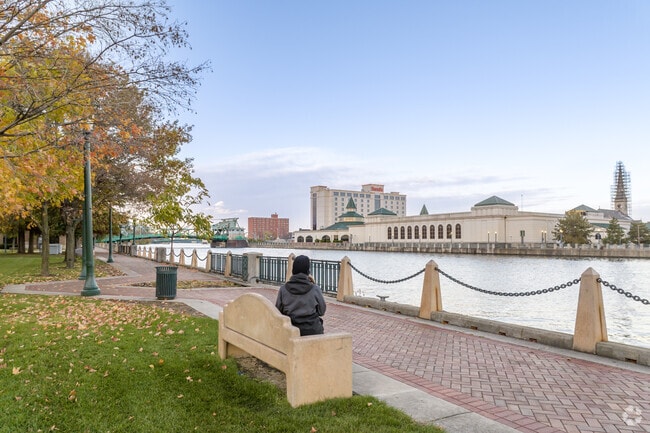 View of Joliet's downtown area across the Des Plaines River.