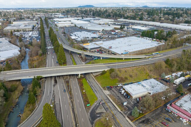 An overview of Route 99E showcasing the close proximity of Linwood shopping centers and retail.