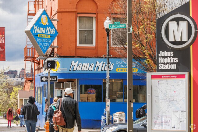 Next to the metro stop in Middle East is Mama Mia's, a pizza joint.