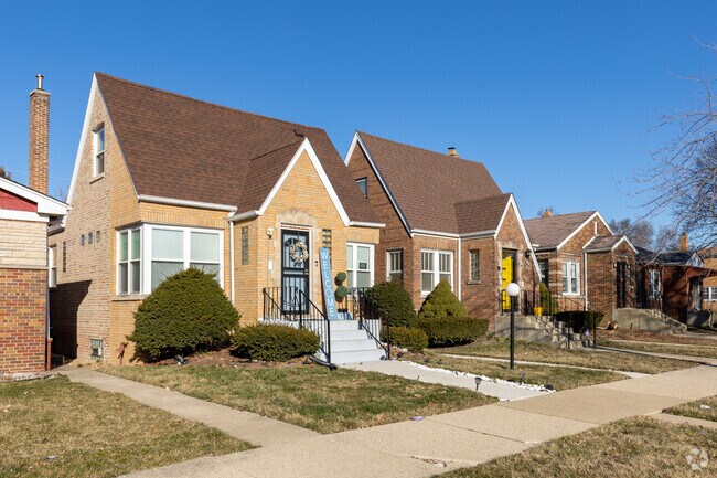 Yellow and brown brick storybook cottages of Roseland, Chicago, IL.