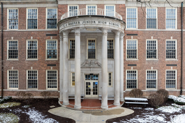 L J Hauser Jr High School has a grand front entrance.