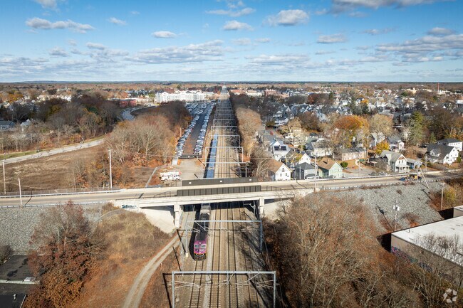 Watch the AMTRAK train pass by with this bird's eye view of North Attleboro.