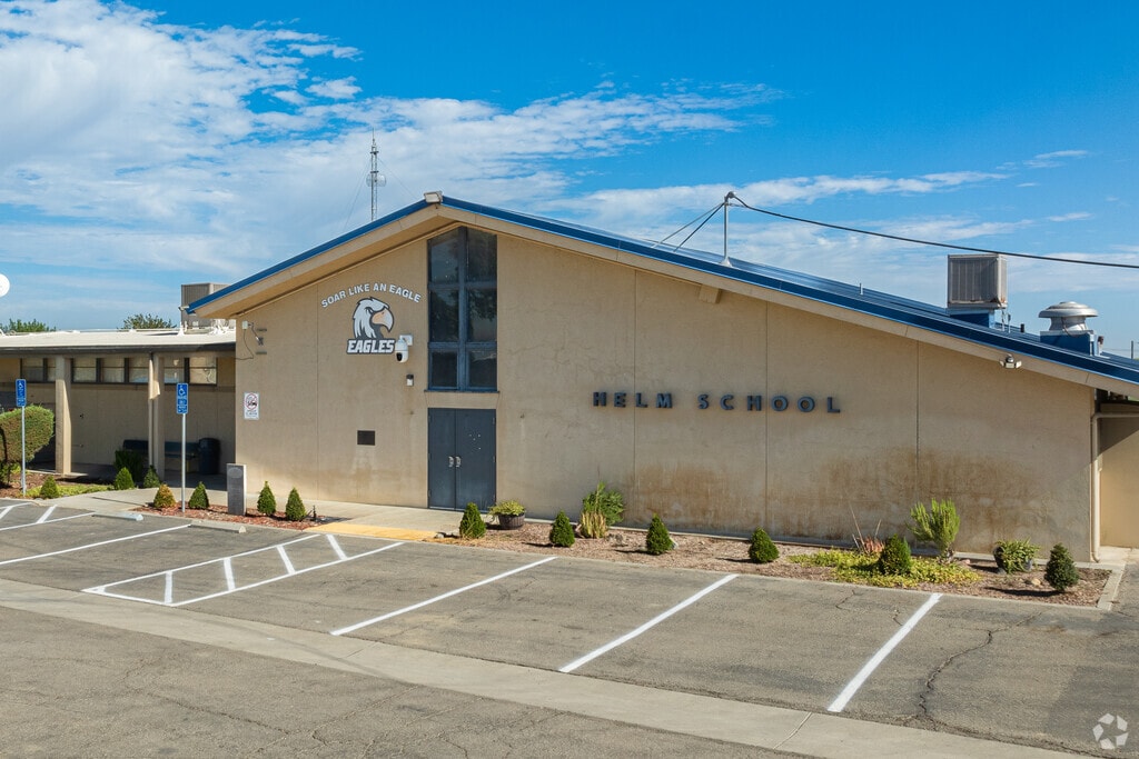 The mascot for Helm Elementary School is featured on the multi-purpose building.
