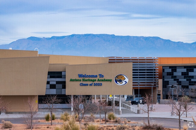 The front entrance to Atrisco Heritage Academy High School.