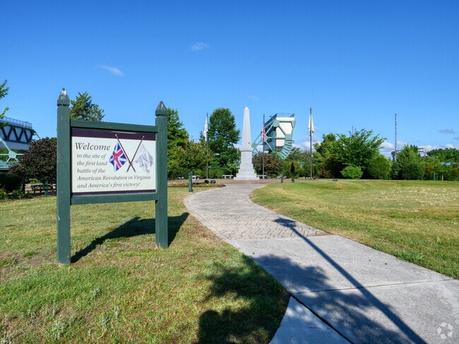 Historic marker, signage, and monument at Great Bridge Battlefield & Waterways Historic Park.