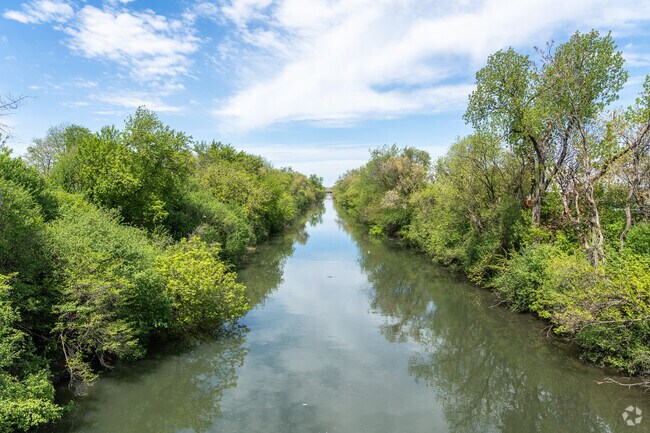 Skokie Northshore Sculpture Park borders the river channel in Southeast Skokie.