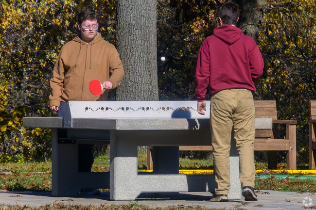 A couple of friends enjoy a game of ping-pong in McGraft Park in Glenside.