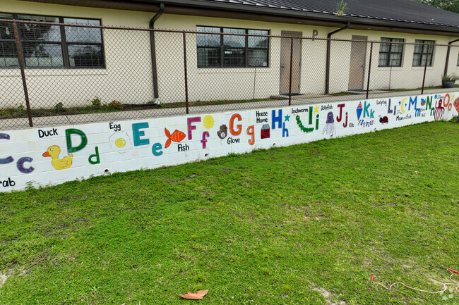Blessed Trinity School mural displays the ABC's in order with a noun association.