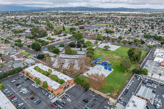 Aerial view of Studebaker Elementary in Norwalk