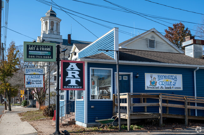 This shot shows the shops in the Historic District in West Brookfield.