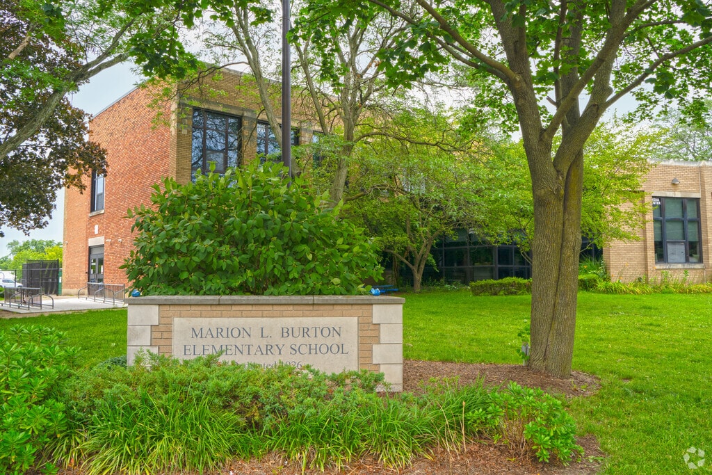 Burton Elementary School front sign and building in Huntington Woods.